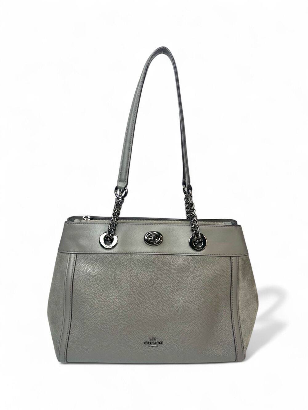 Coach Edie 31 Gray Pebbled Leather Suede Turnlock Carryall Shoulder Bag